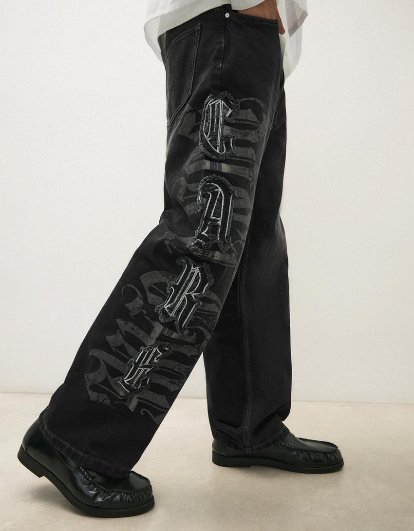 Baggy jeans with star patches-Black