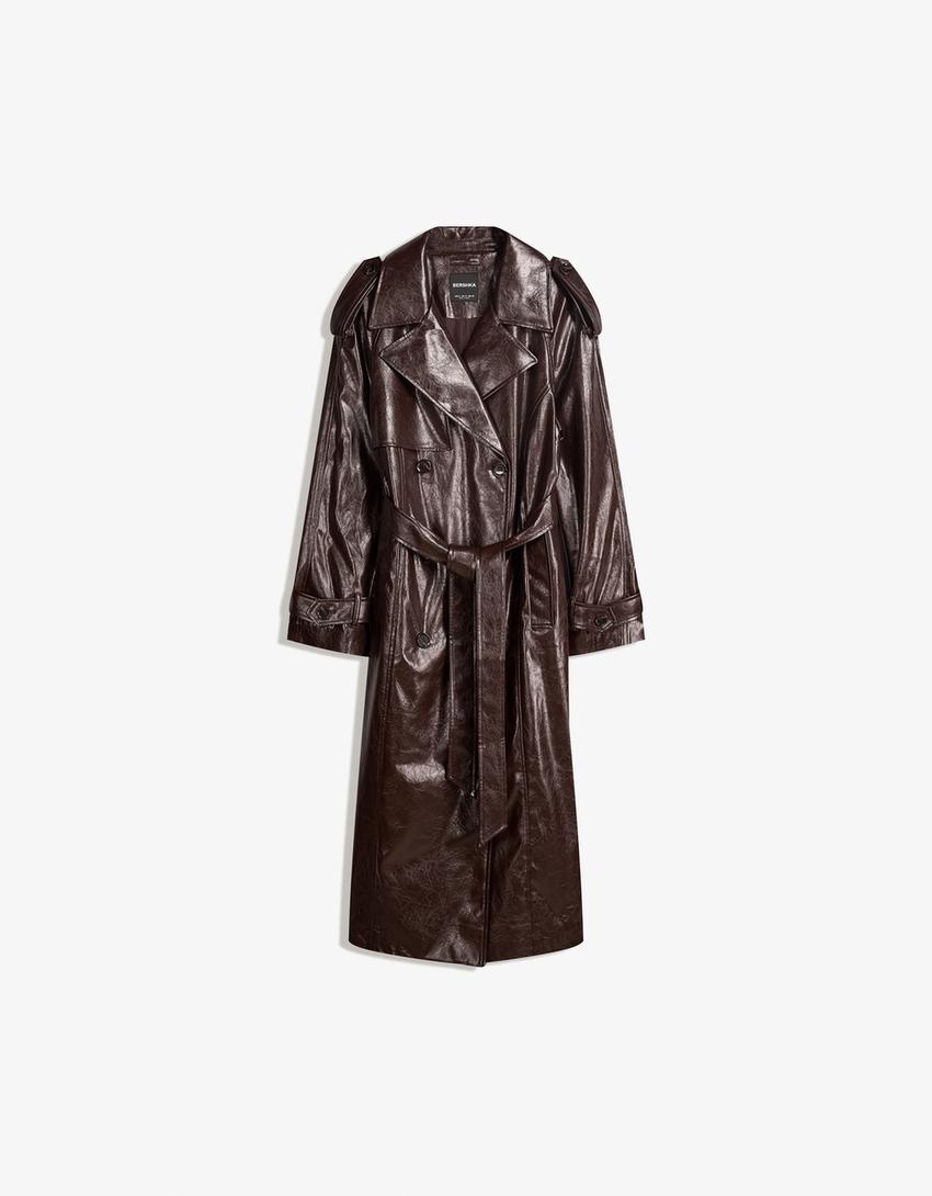 Oversized trenchcoat met leereffect-Bruin