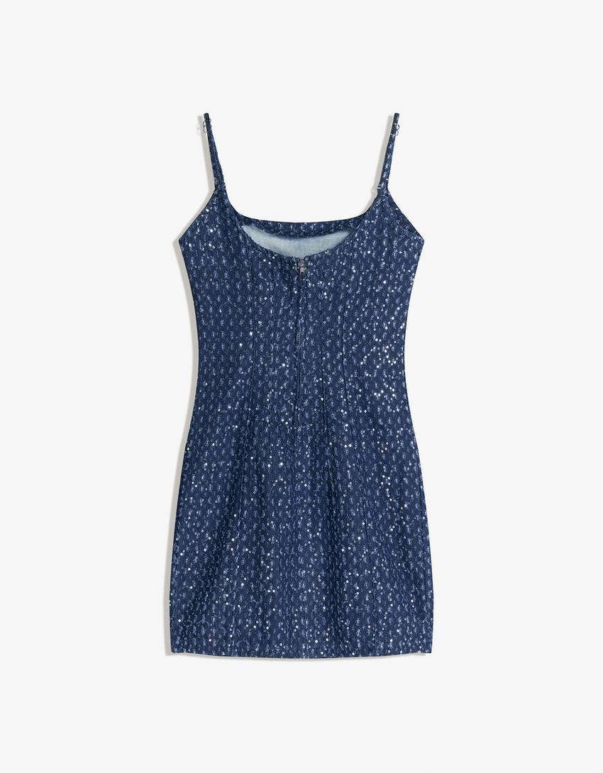 Vestido mini denim lentejuelas-Azul