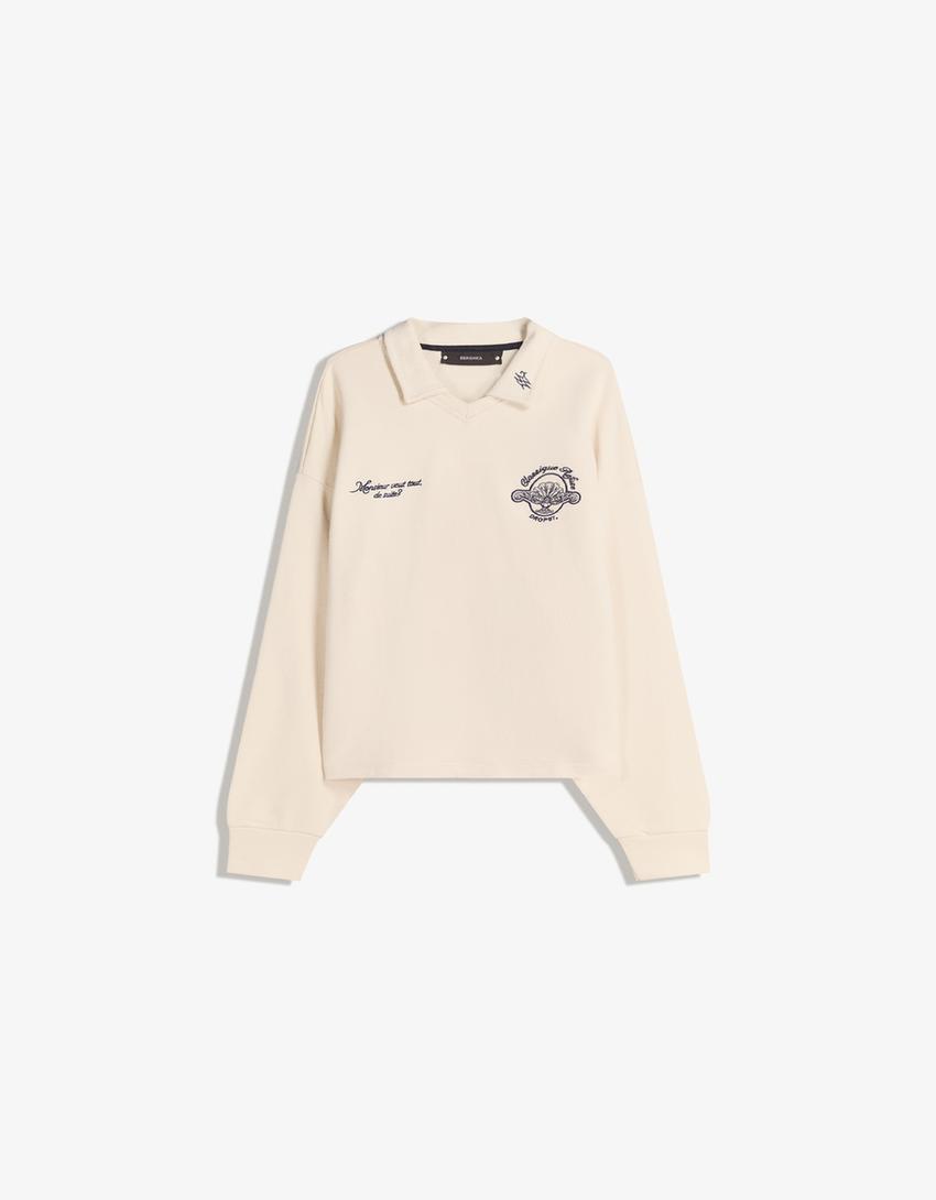 Polo met print en lange mouw-Ecru
