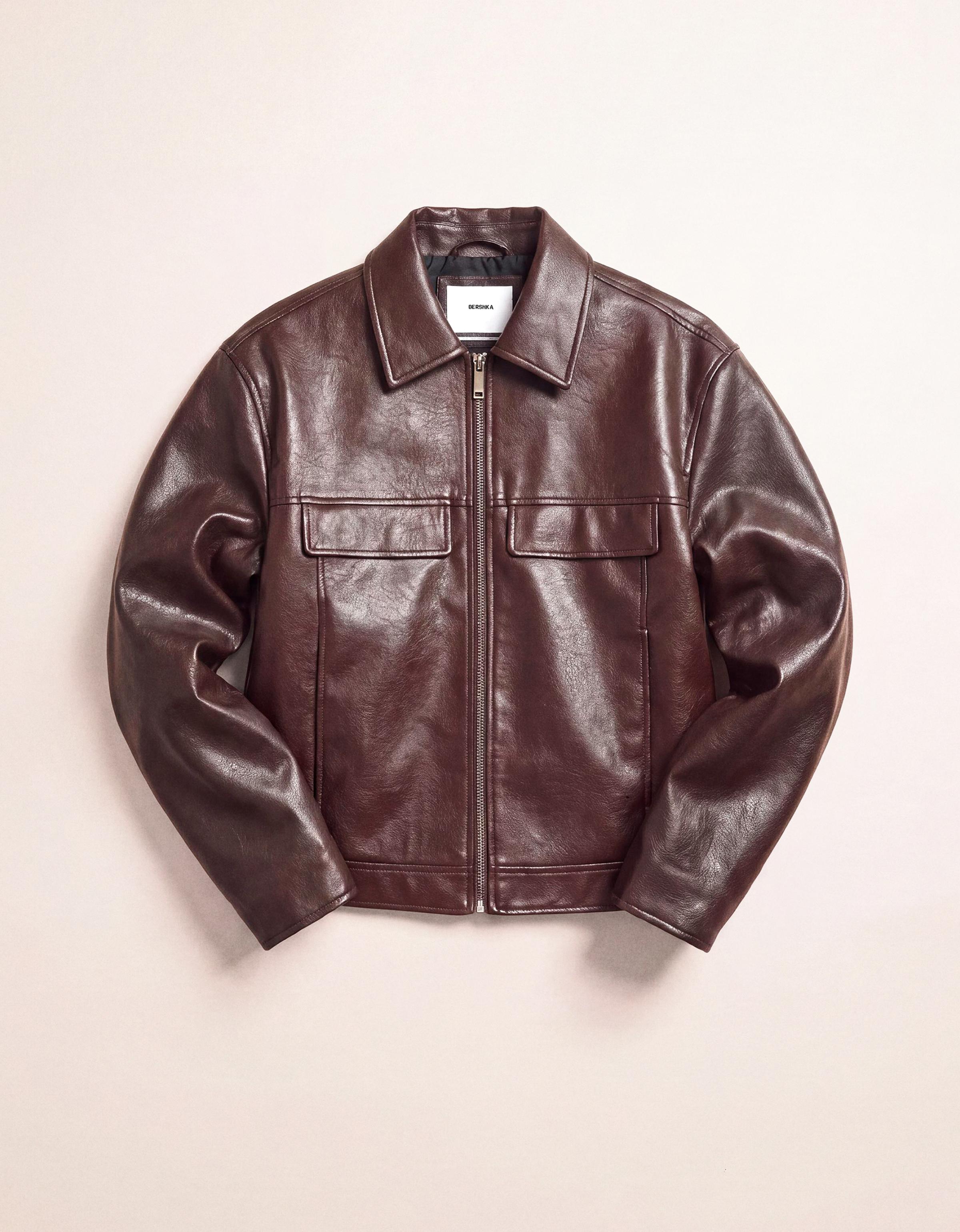 Boxy leather effect jacket — Burgundy