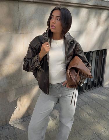 Leather effect funnel neck jacket — Brown 3