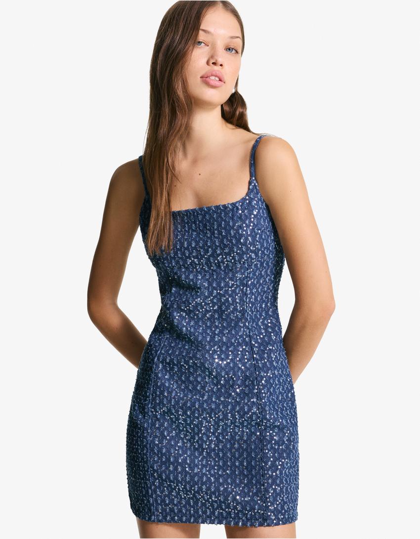 Vestido mini denim lentejuelas-Azul