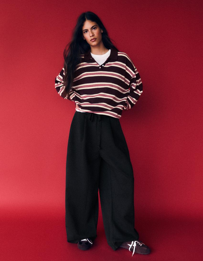 Striped polo sweater-Burgundy