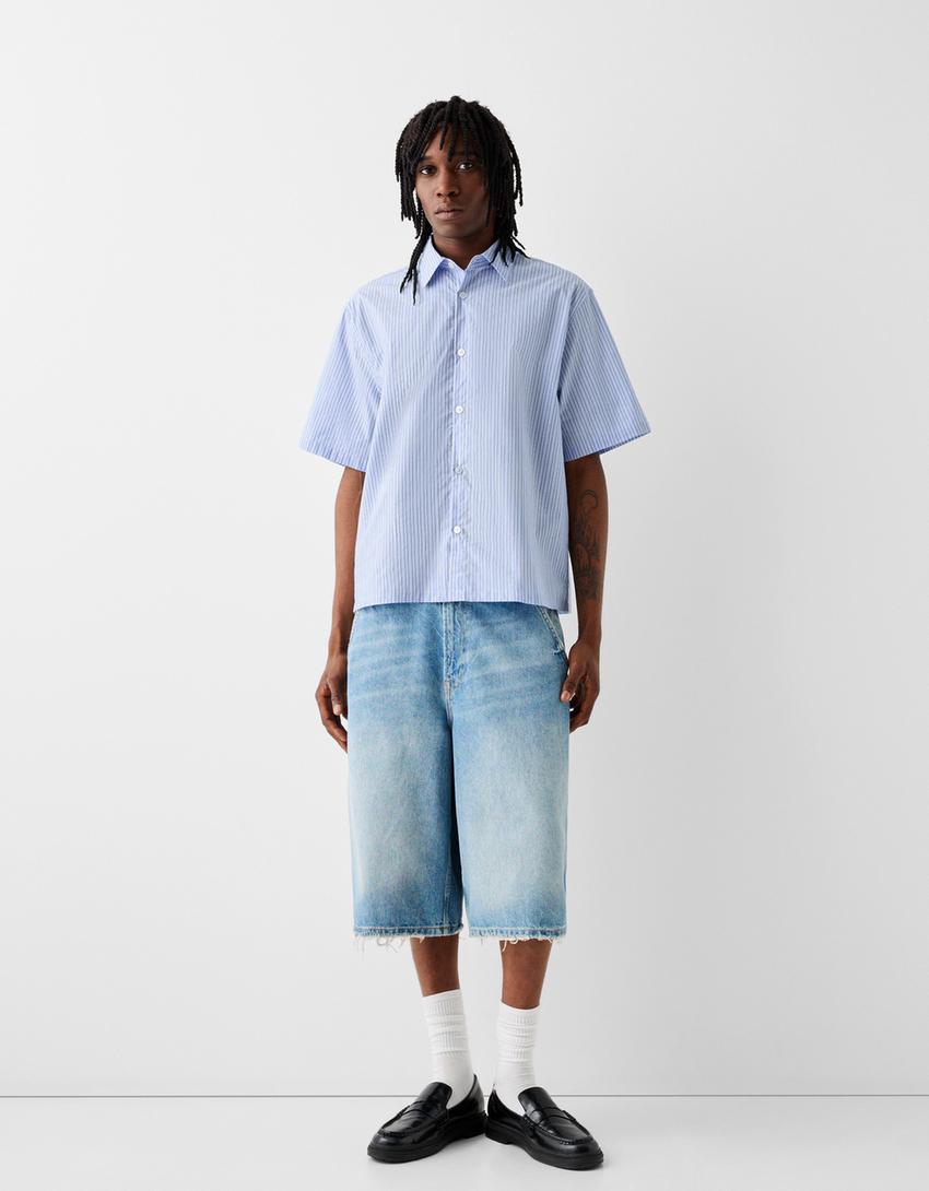 قميص بقصة مربعة وأكمام قصيرة-أزرق فاتح-3