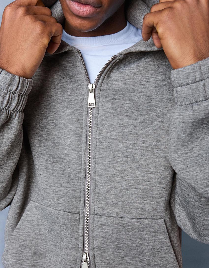 Fermuarlı sentetik kauçuk kumaş kapüşonlu sweatshirt-Gri