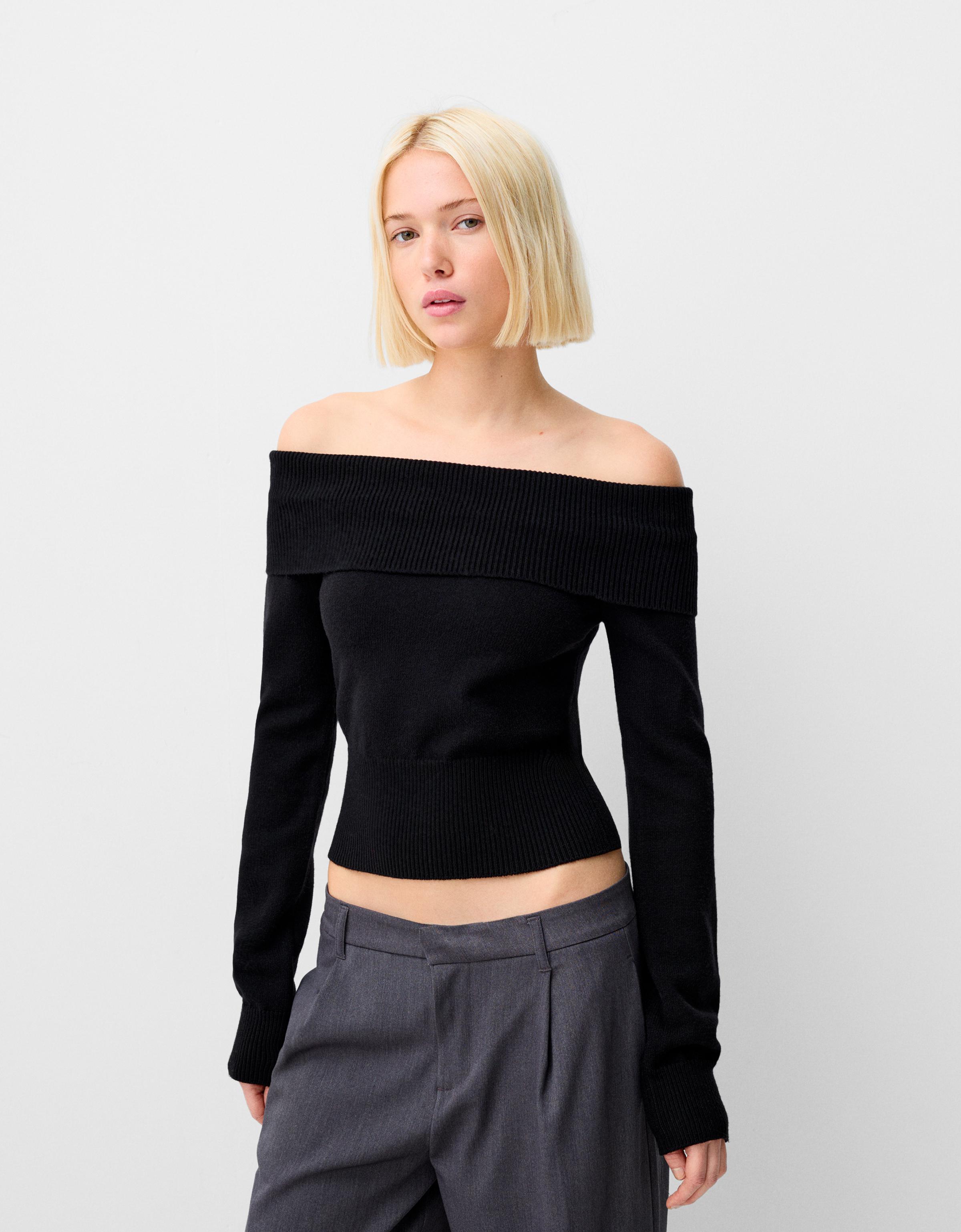 Bershka Pullover Mit Carmen-Ausschnitt Damen L Schwarz