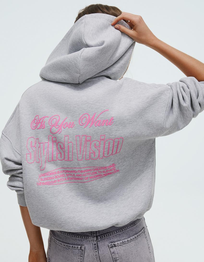 Oversize printed zip-up hoodie-Grey