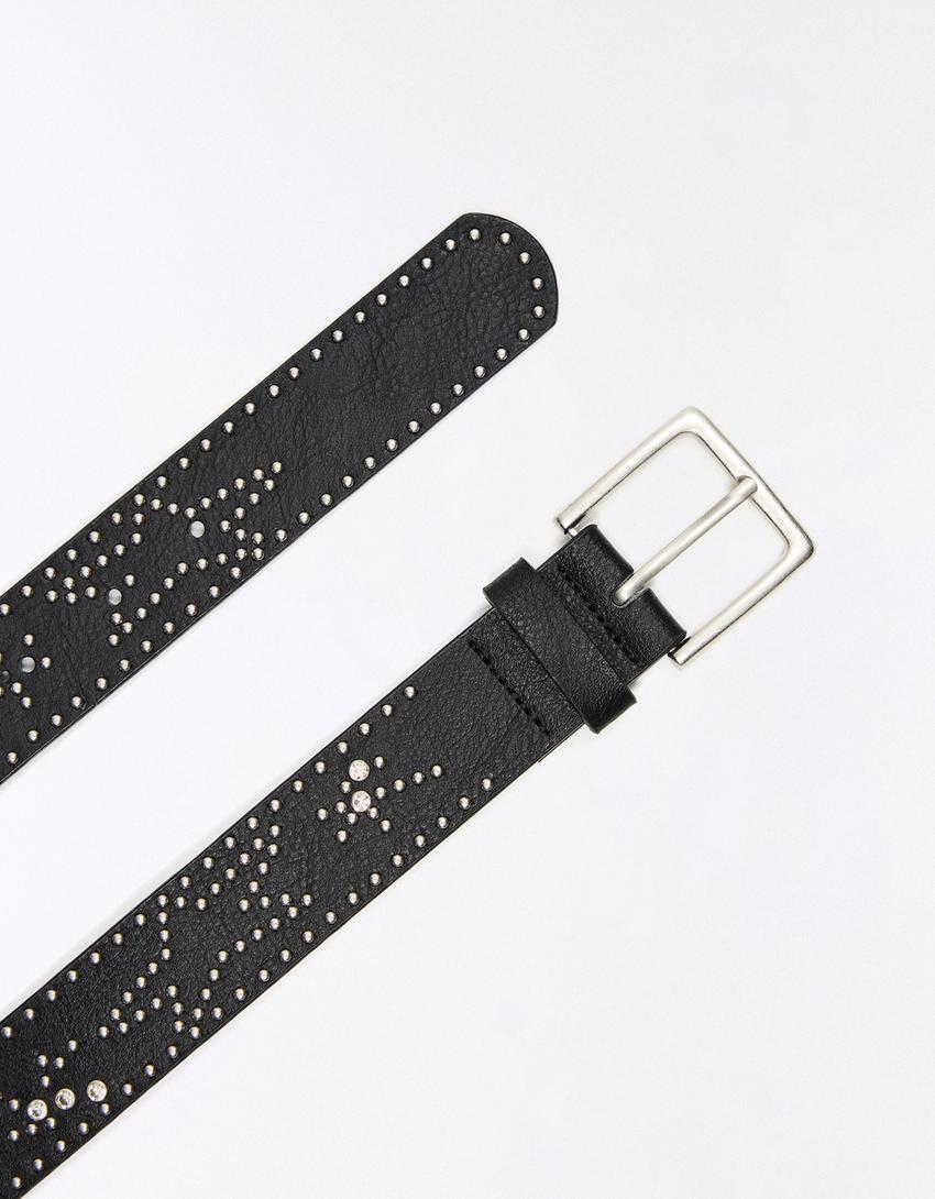 Studded leather effect belt-Black