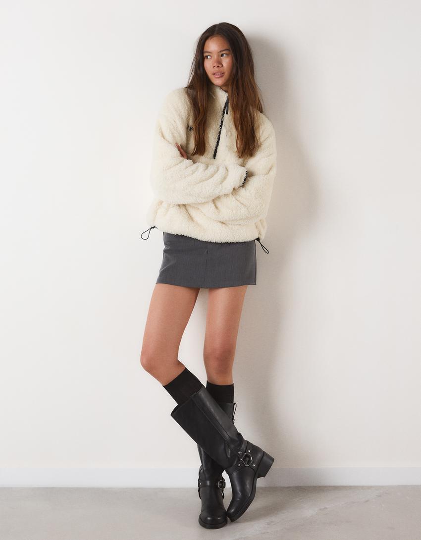 Pull zippé effet peau de mouton, base ajustable-Écru