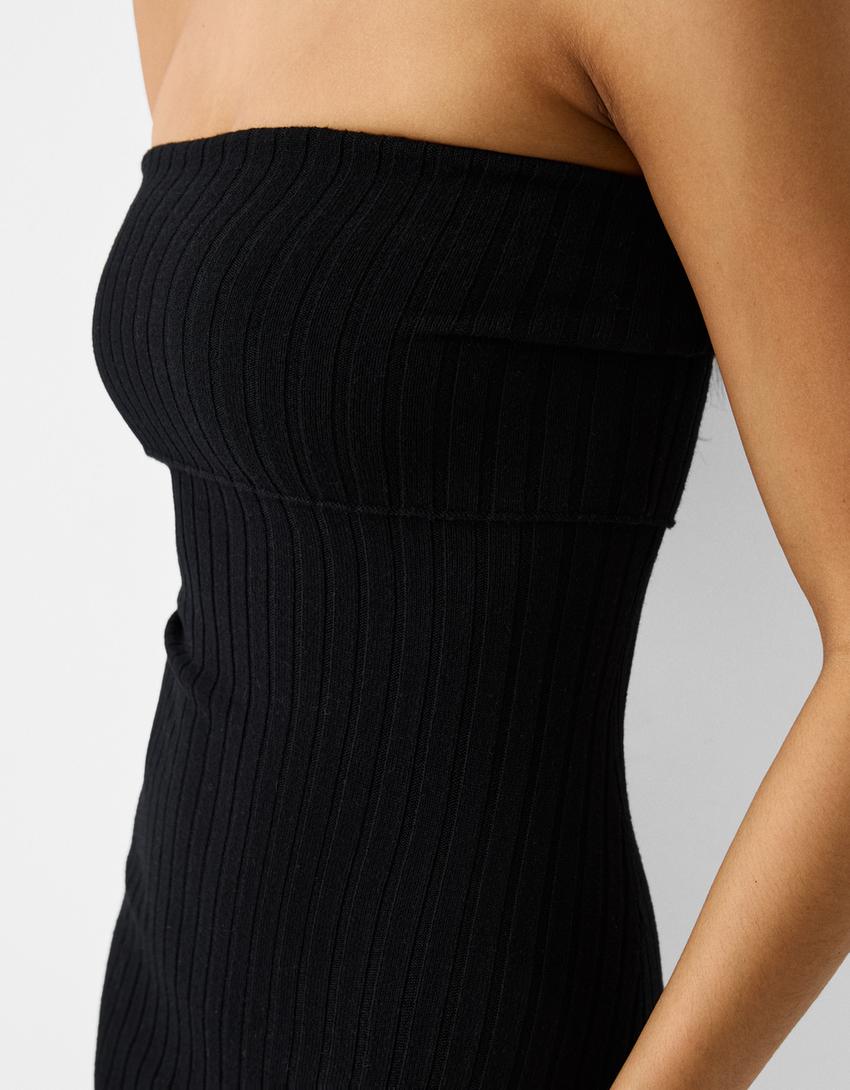 Striped bandeau midi dress-Black-5