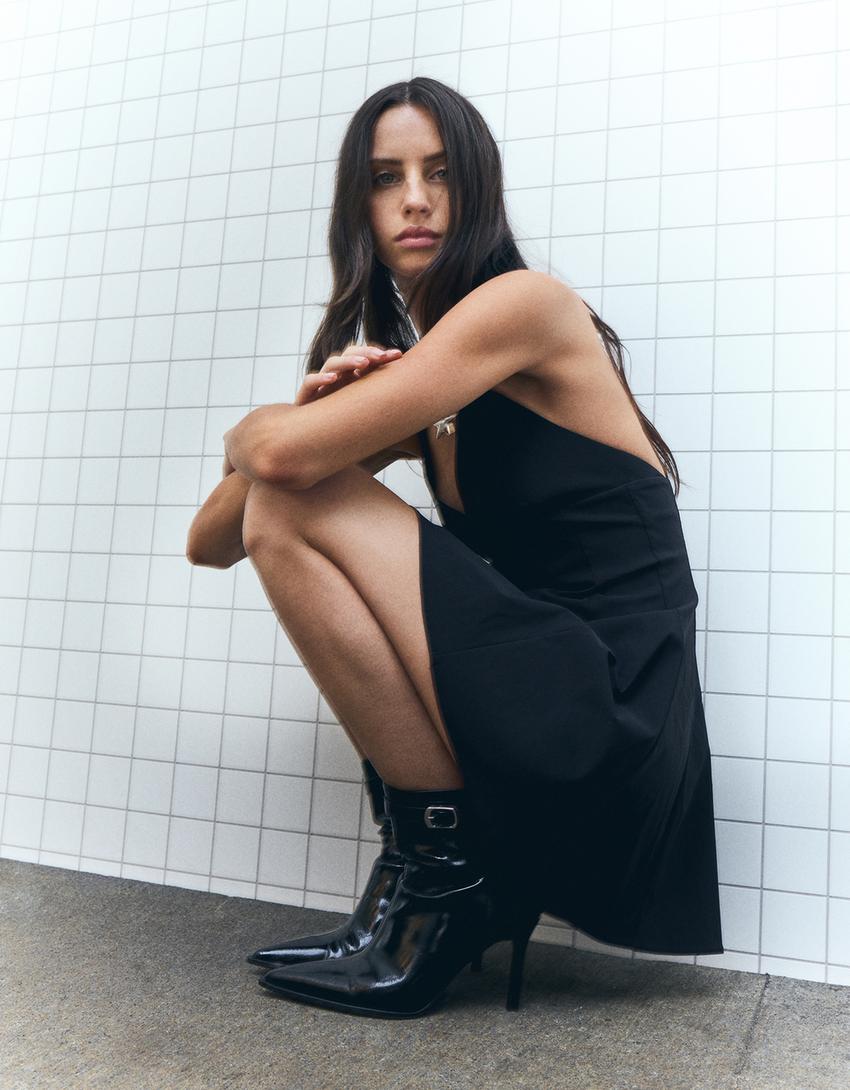 Bengaline halter mini dress-Black-1