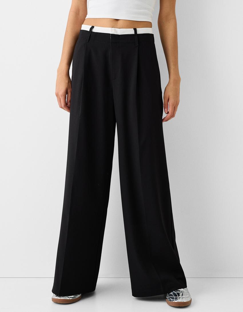 Wide-leg tailored fit trousers with contrast waist detail-Black