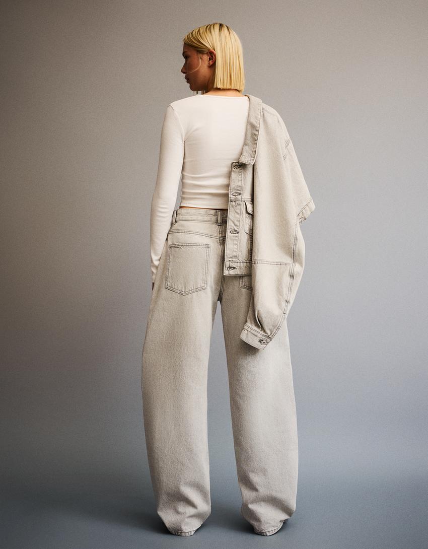 Jeans wide leg barrel-Gris
