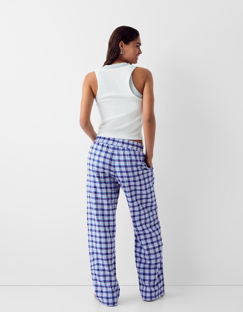 Check wide-leg trousers-Blue-2