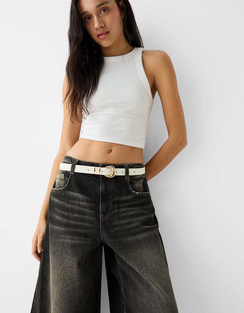 Belt with puffy buckle-Cream-3