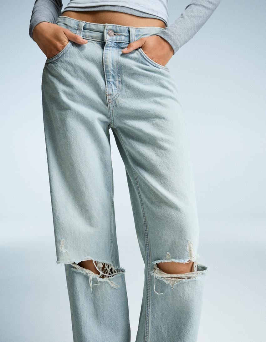 Ripped wide-leg jeans-Blue