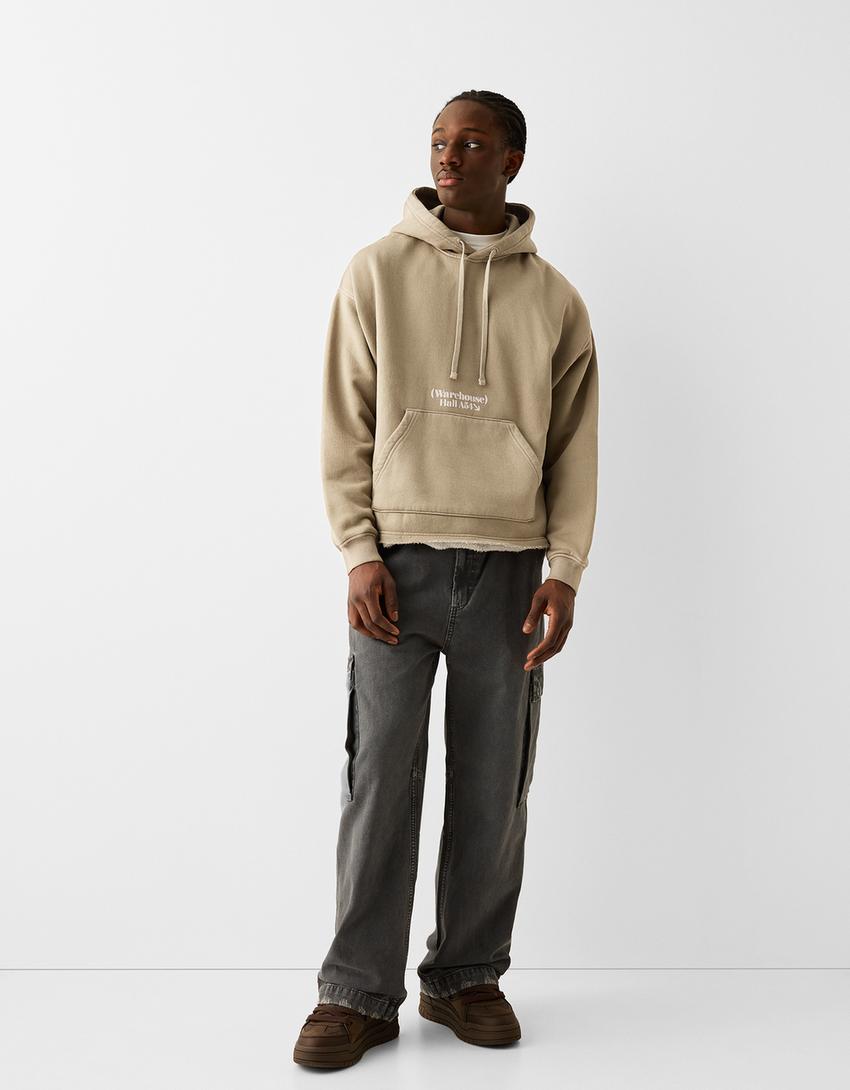 Cropped hoodie with a faded-effect print-Camel