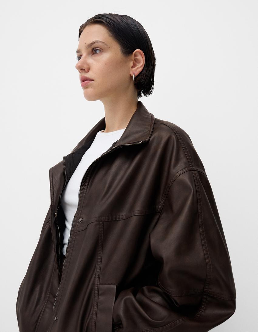 Oversize suni deri ceket-Kahverengi-2