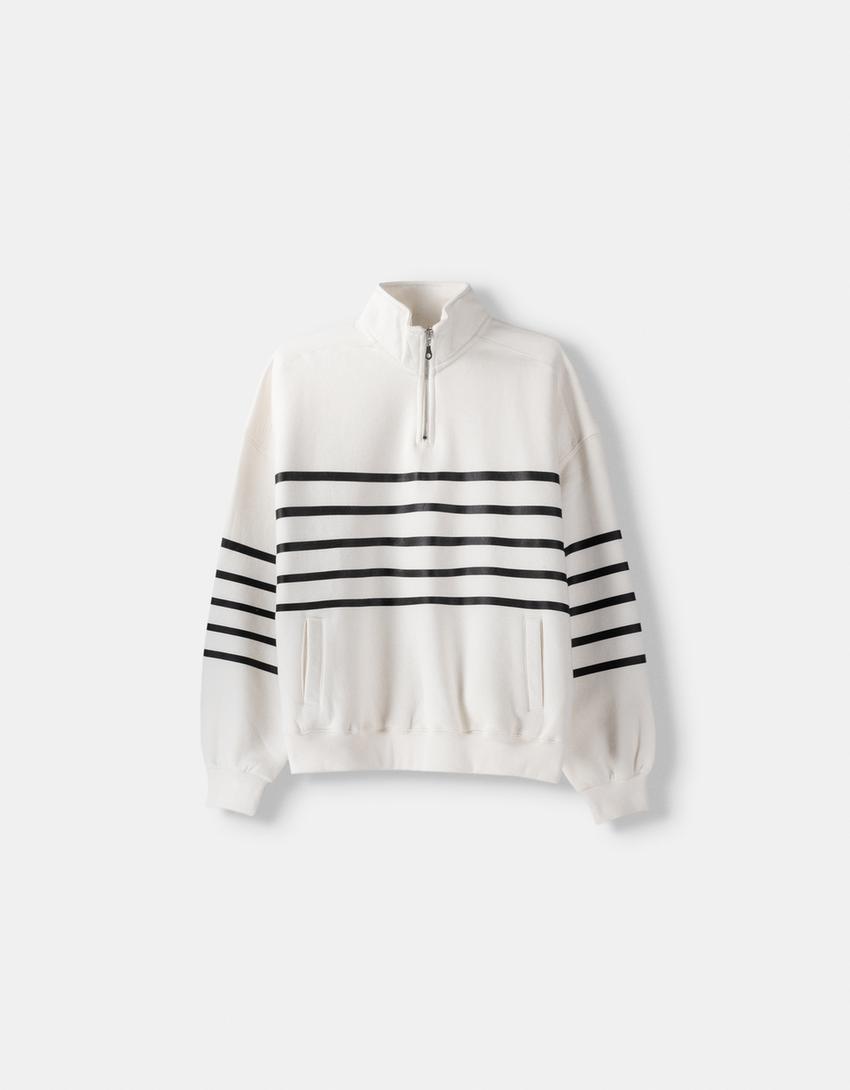 سويت شيرت بطبعة وسحاب-أبيض / أسود-5