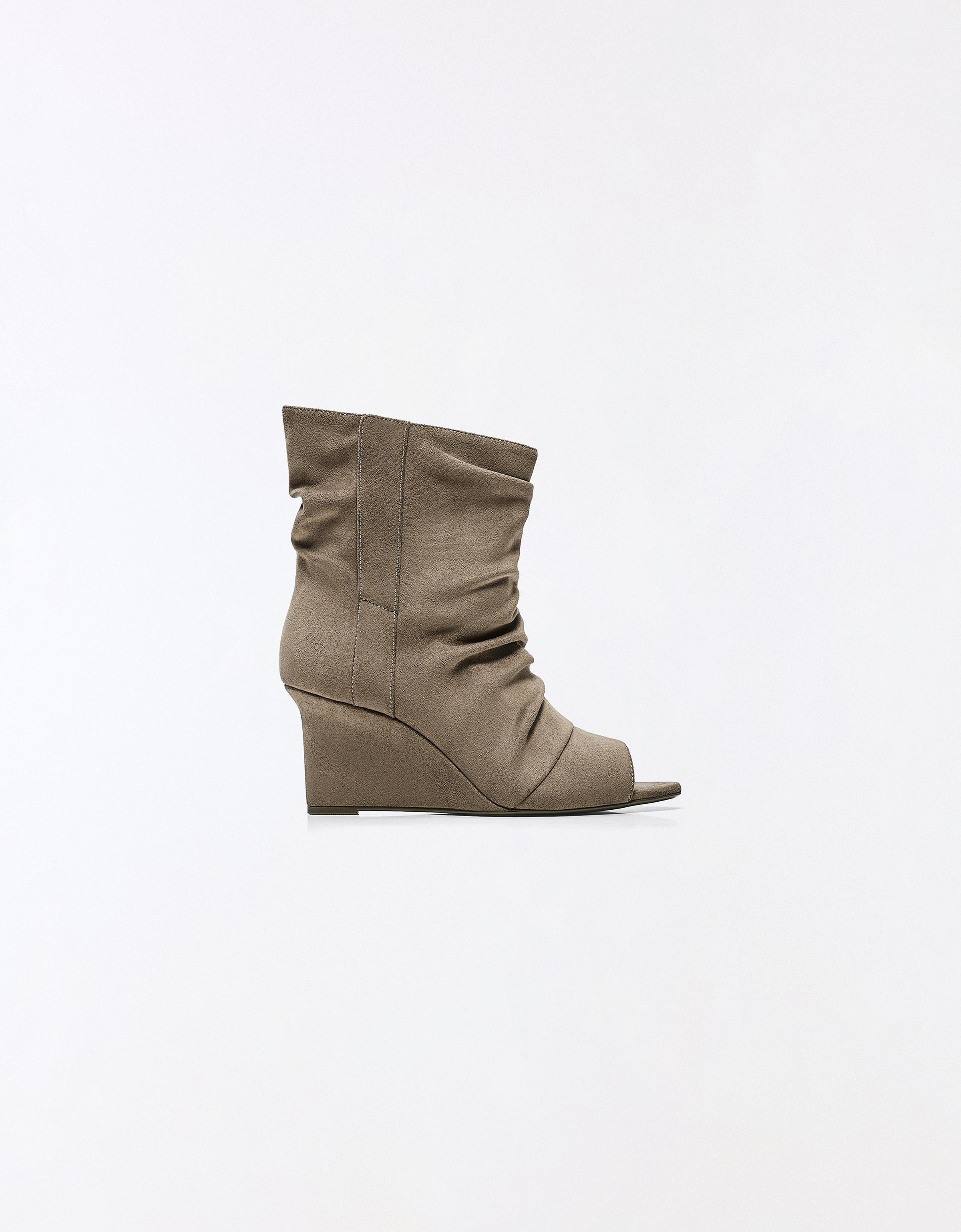 SLOUCHY PEEP TOE ANKLE BOOTS — TAUPE