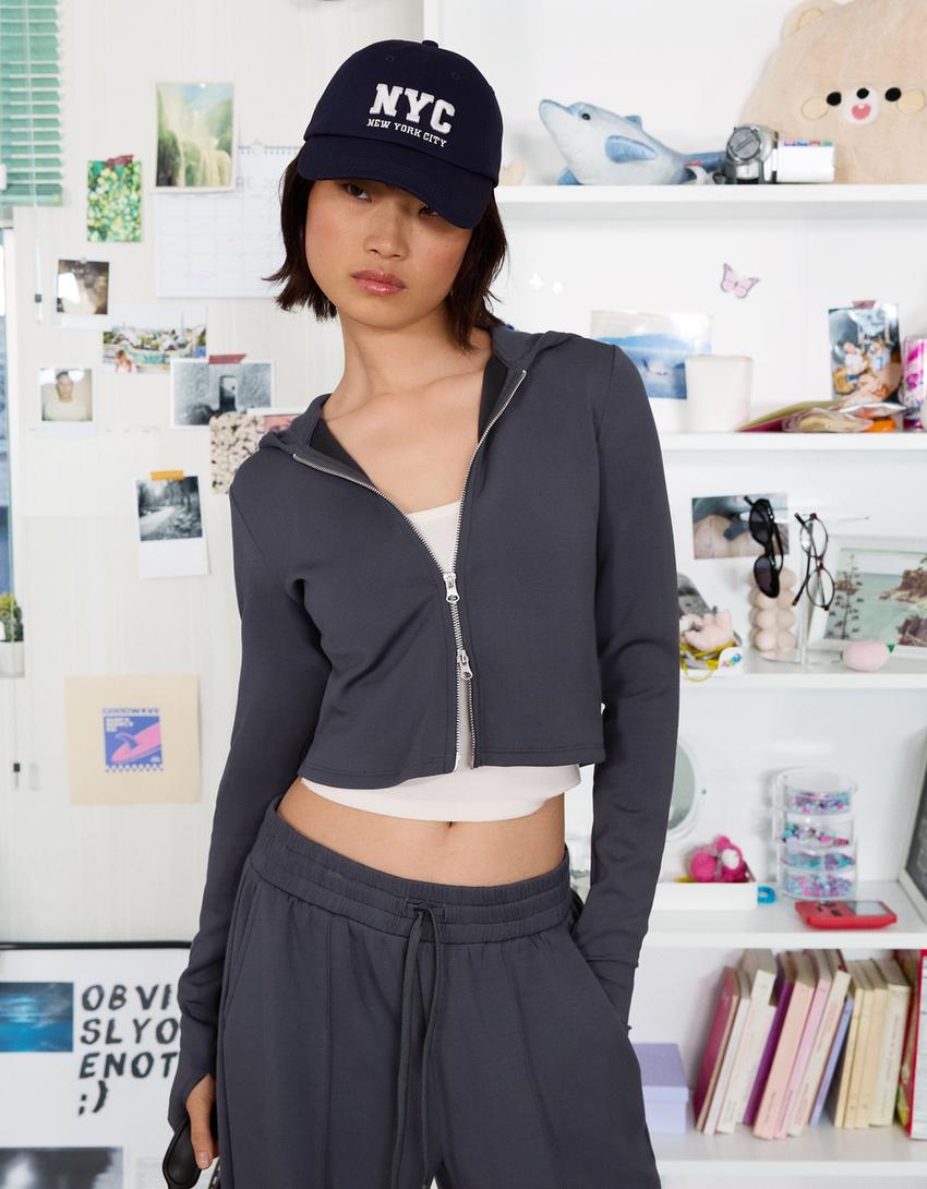Soft modal blend zip-up hoodie-Grey