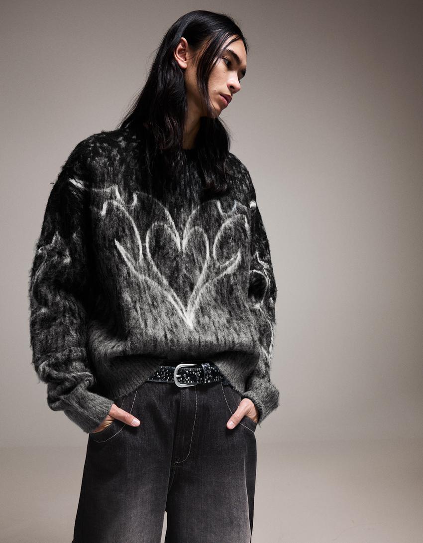 Pull imprimé effet brossé-Noir