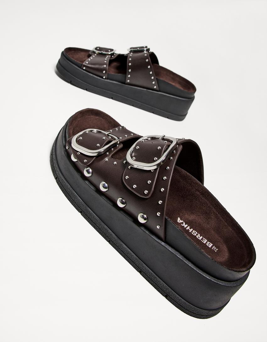 Buckled platform sandals with stud details-Brown-2