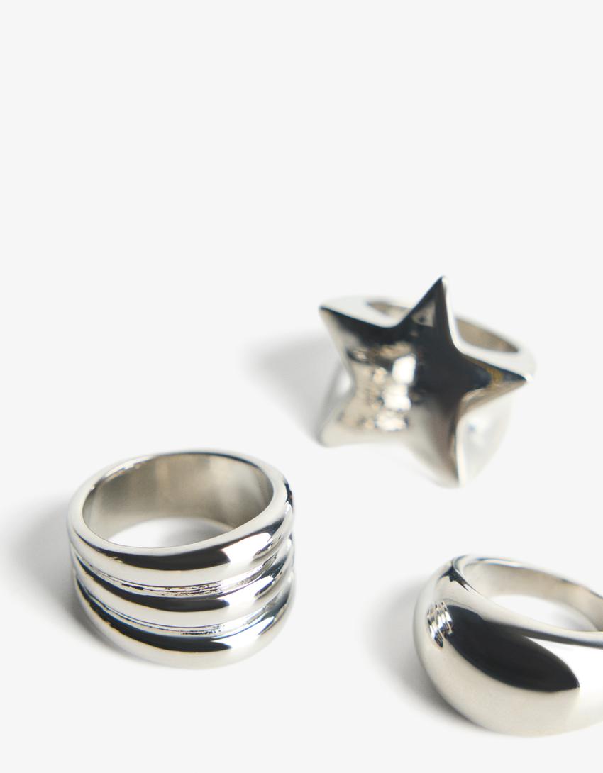 3-Pack ringen met ster-Zilver-0