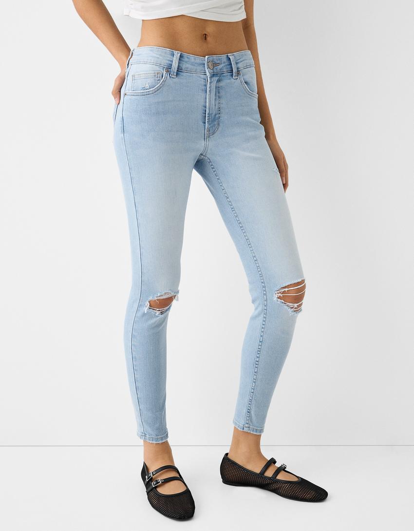 Jean skinny taille basse-Bleu clair-1