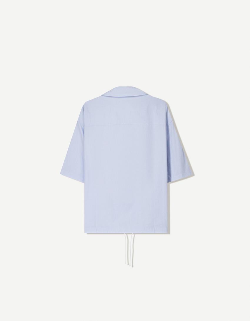 Oversized popeline blouse met korte mouw-Blauw-6