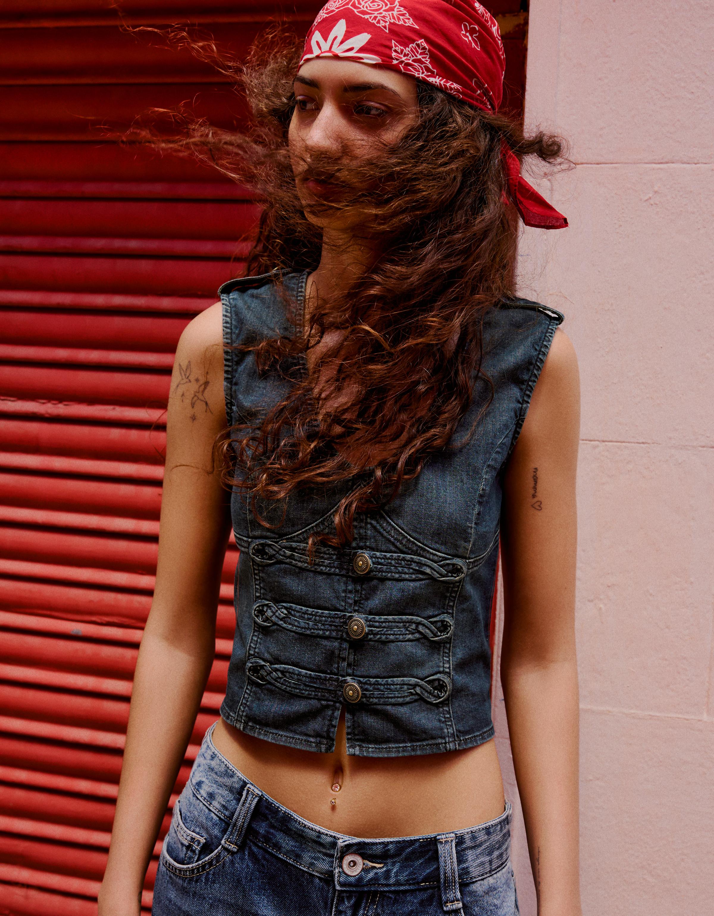 Chaleto Denim Botones Mujer M Azul Lavado