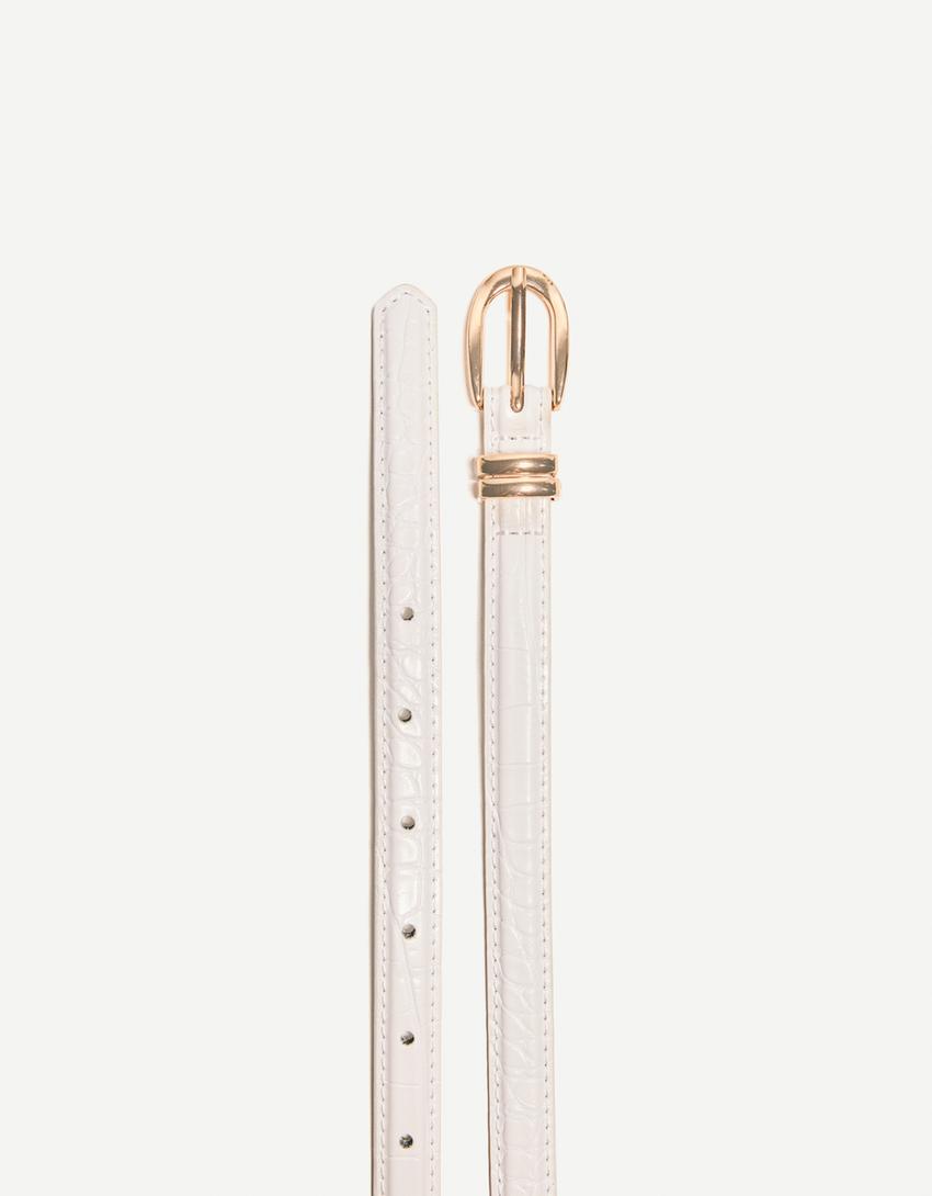 Embossed animal detail thin belt-White-2