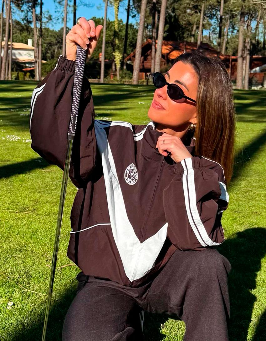 Embroidered technical jacket-Brown