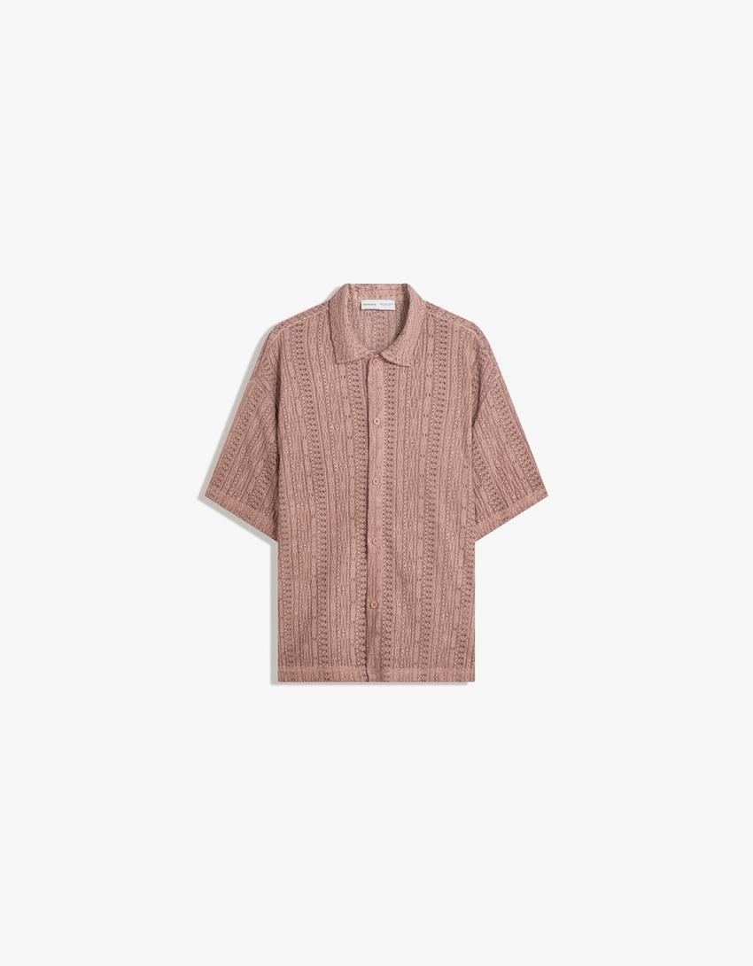 Chemise à manches courtes ajourée-Rose-4