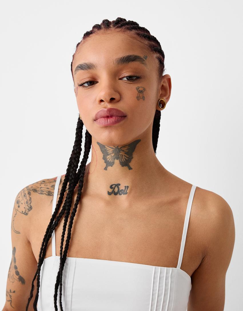 Vestido tirantes popelina saia táboas-Branco-2