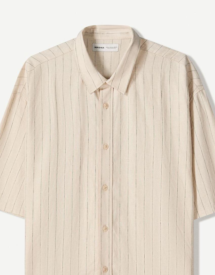Short sleeve linen blend shirt-Beige-2