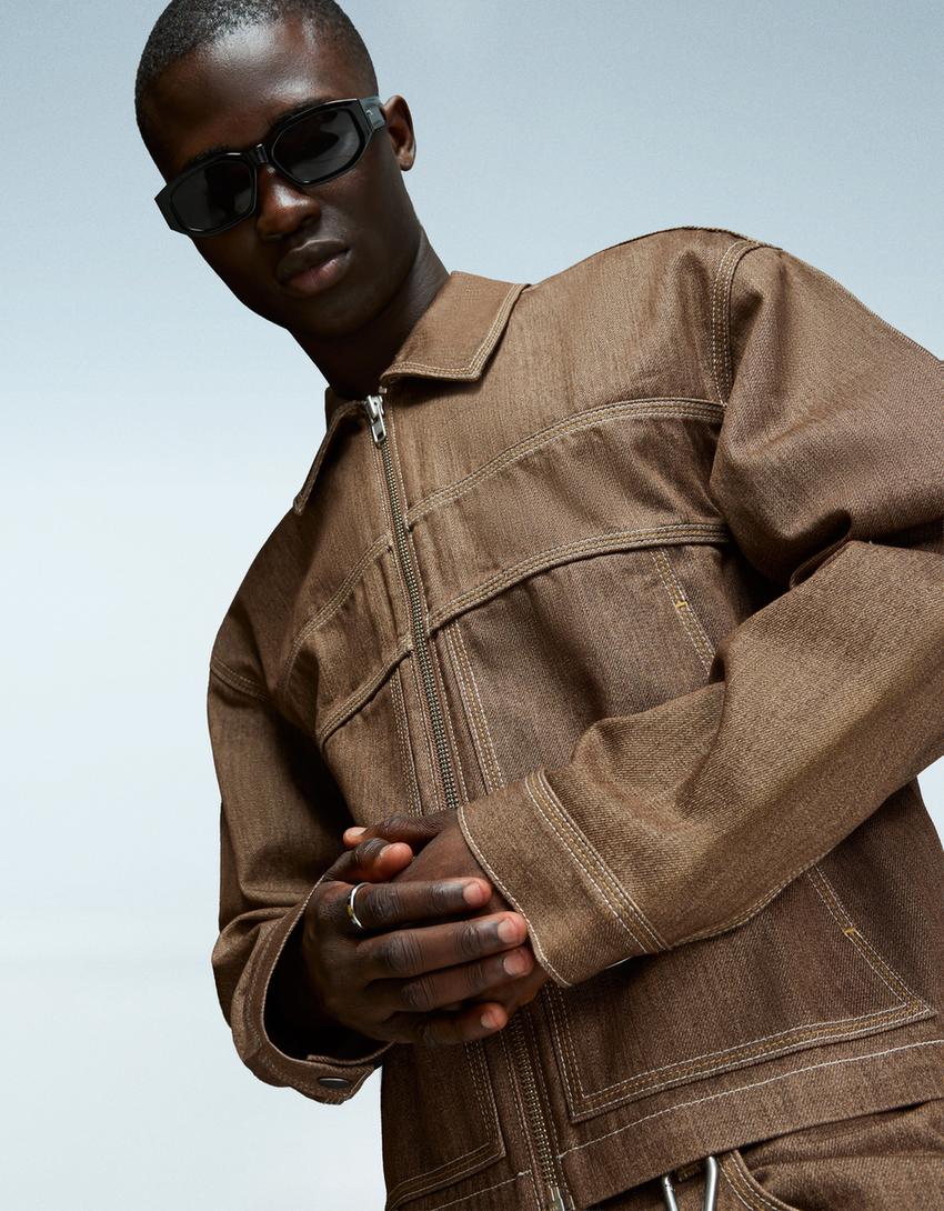 Denim shirt with zip-Brown