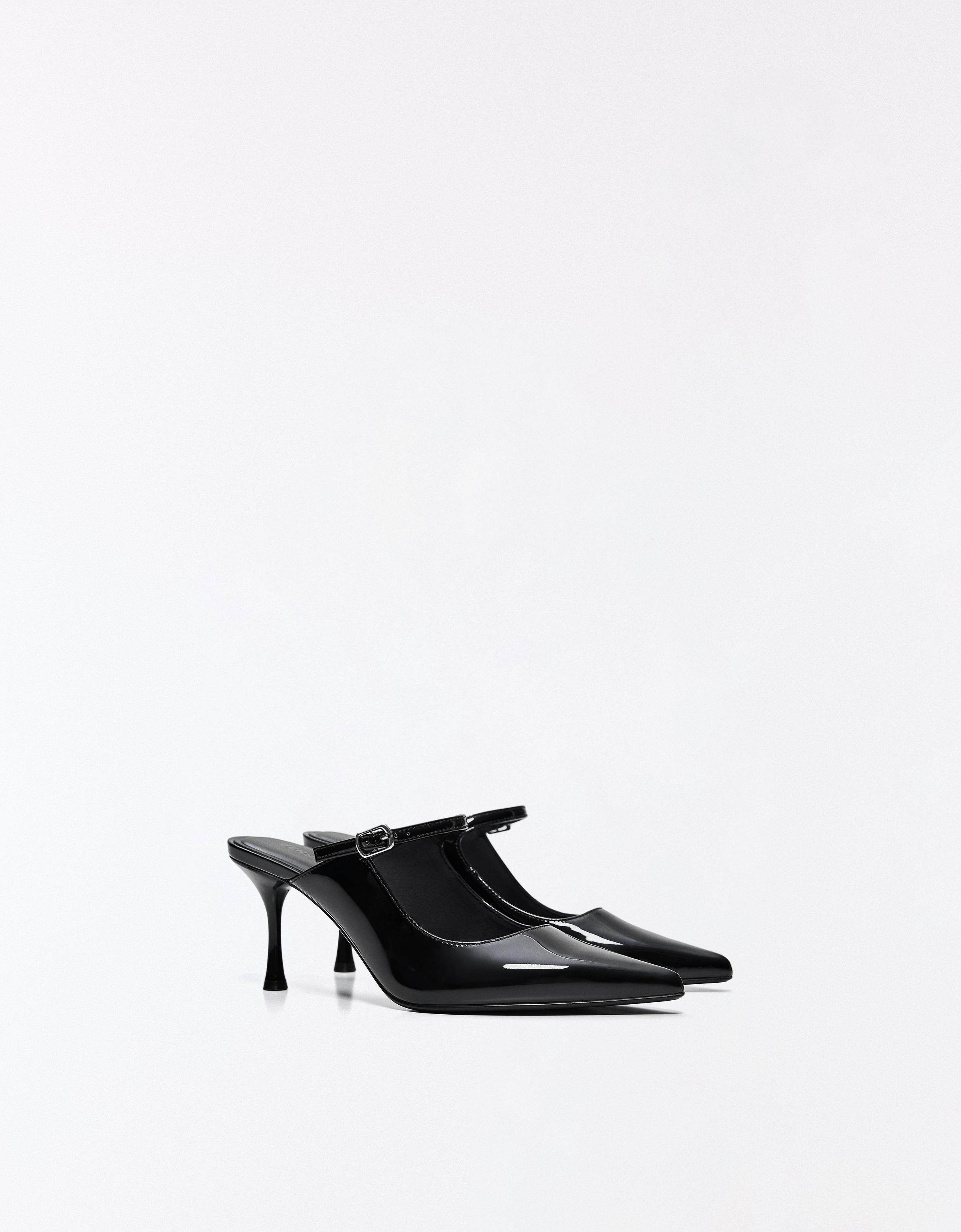 Bershka Zapato Tacón Mule Hebilla Mujer Negro