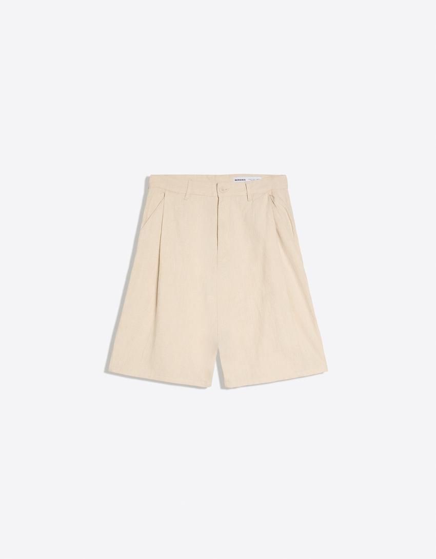 Keten karışımlı super baggy fit bermuda şort-Kum rengi