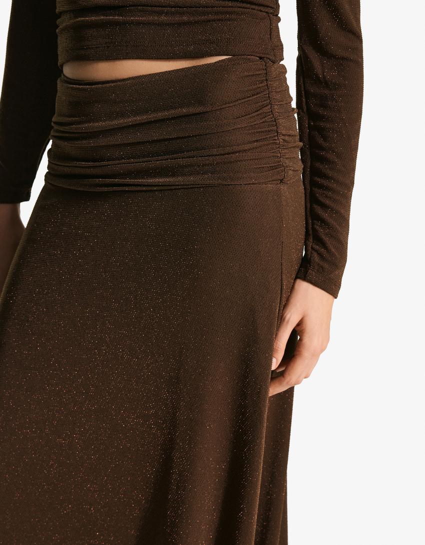 Textured shimmery midi skirt-Brown