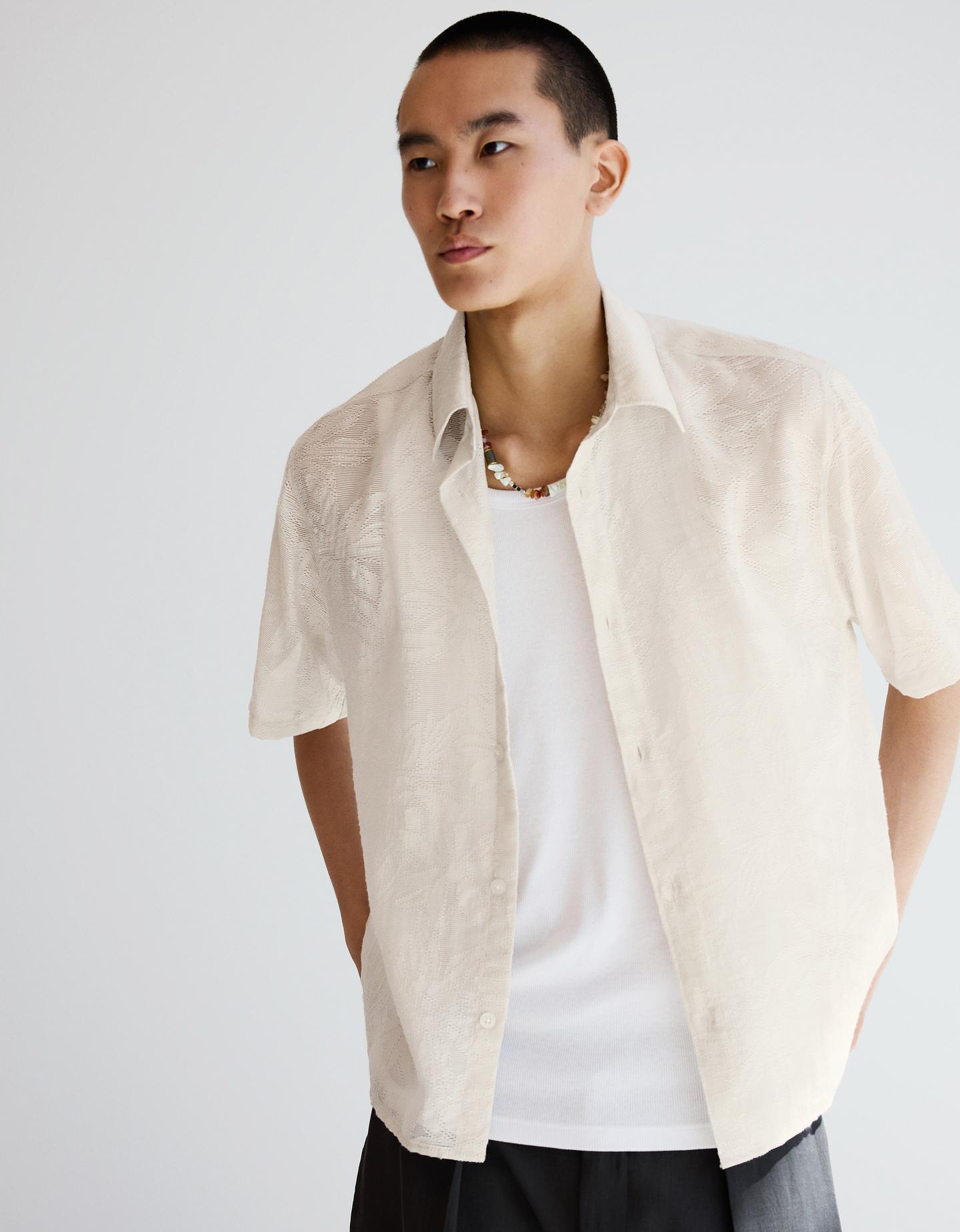 Bershka koszula z krótkim rękawem w stylu rustykalnym piaskowy