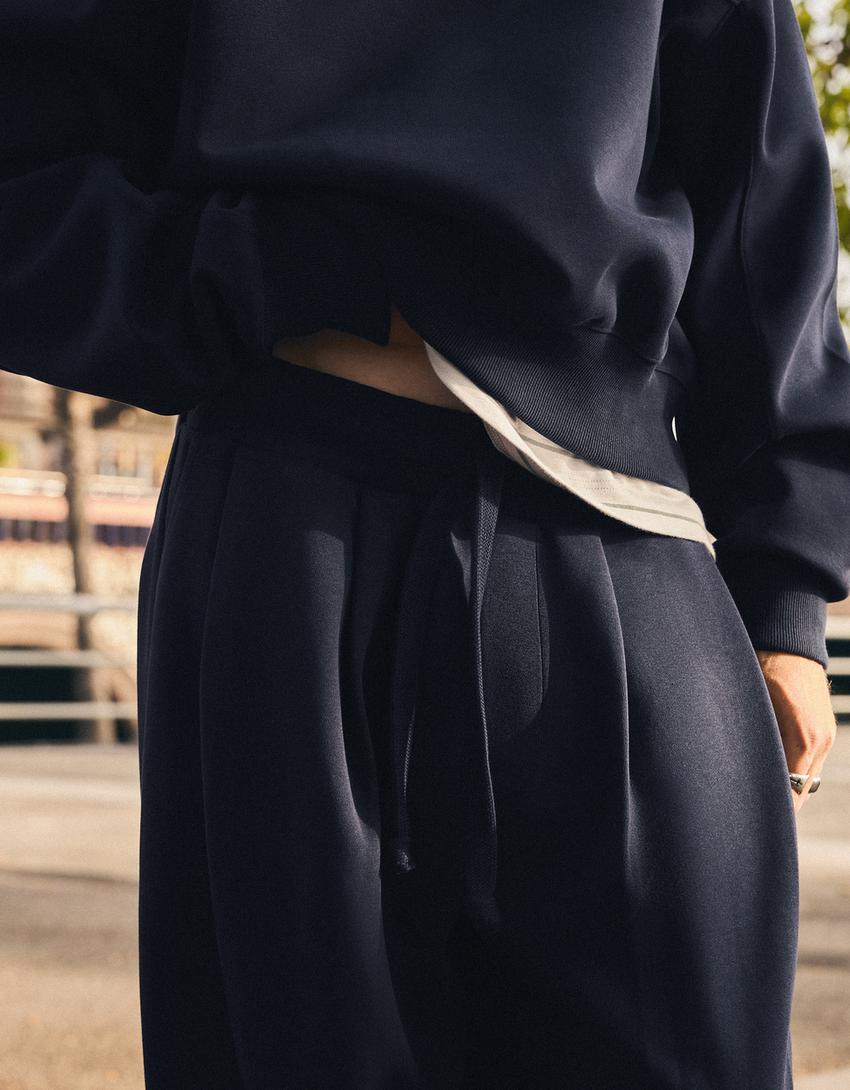 Pileli super baggy fit pantolon-Denizci mavisi