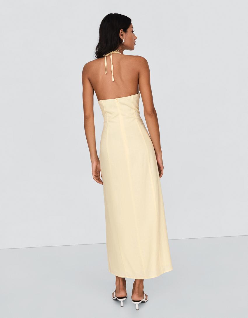 Ketenli halter midi elbise-Sarı