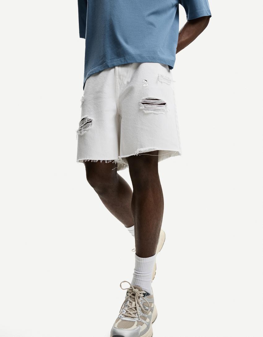 Ripped denim Bermuda shorts-White