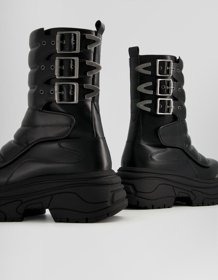 Men’s quilted platform ankle boots with buckles-BLACK