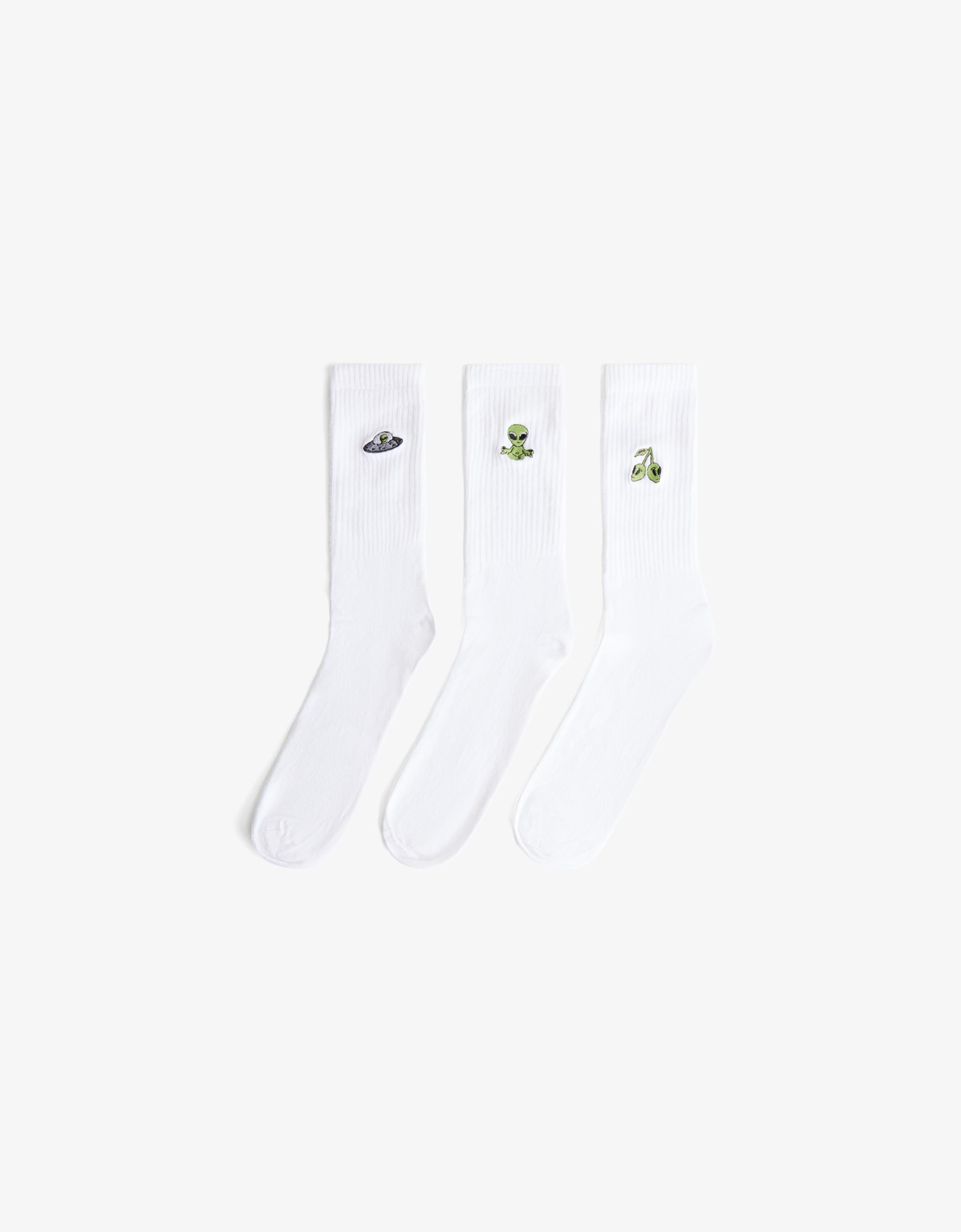 Bershka 3er-Pack Bestickte Socken Herren L Weiss