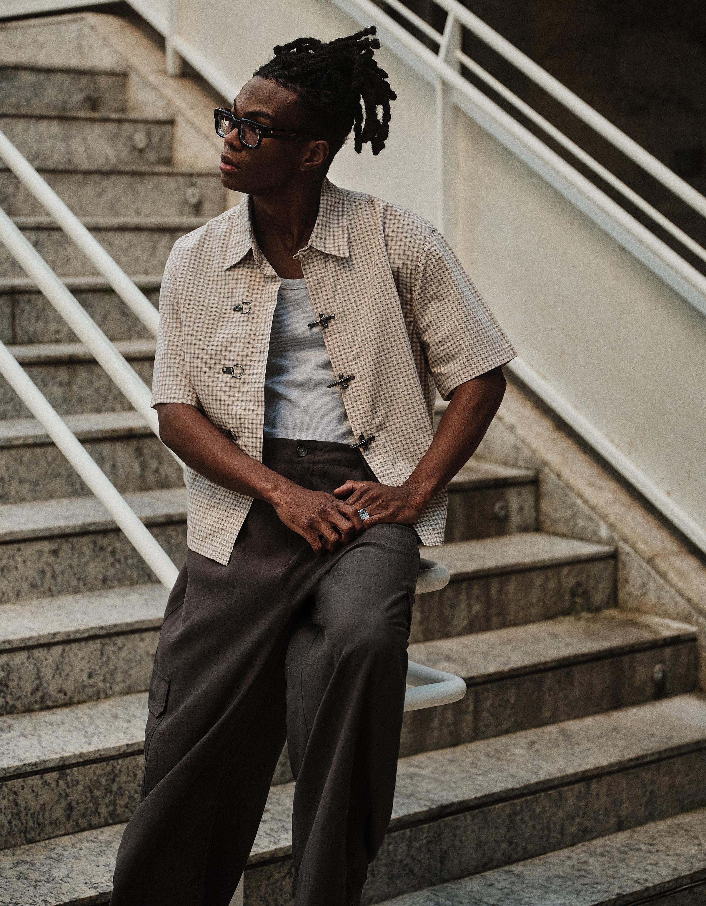 Bershka Camisa Manga Corta Alamares Hombre Beige