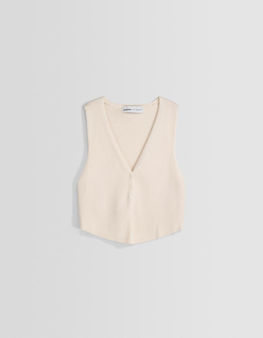 Knitted V-neck vest-Cream-4