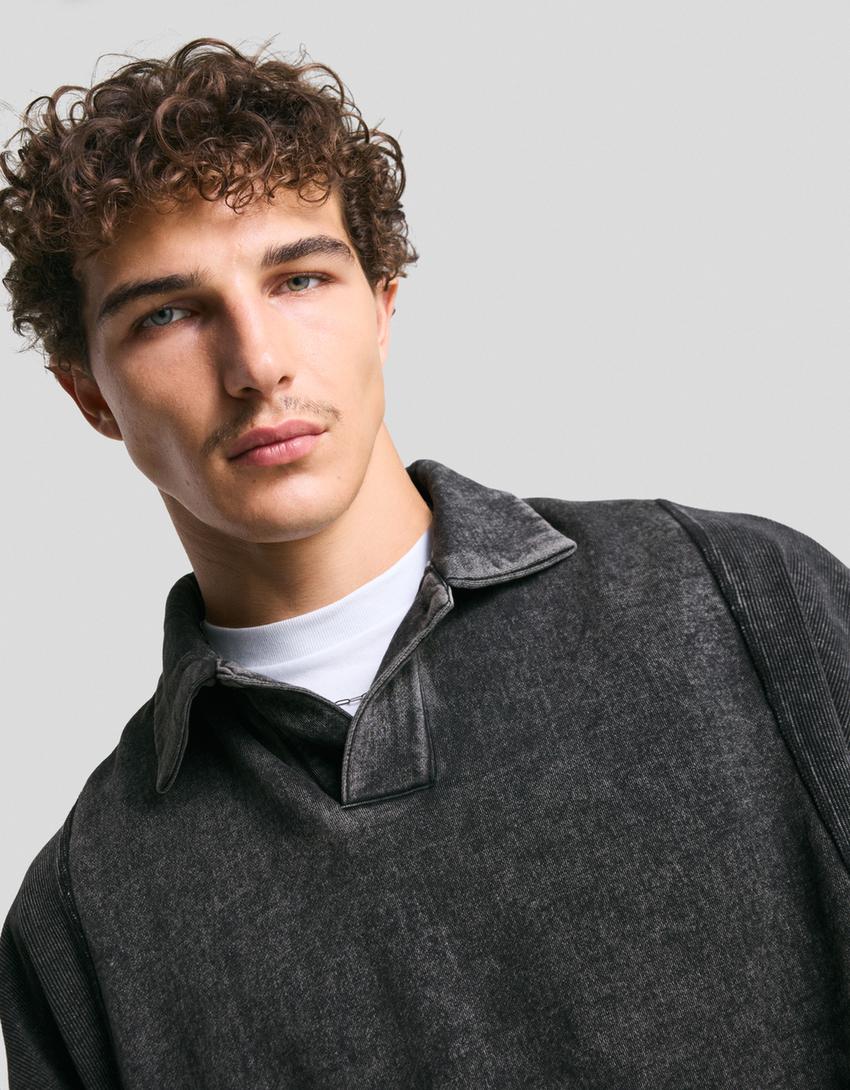 Oversize-Sweatshirt mit Polo-Kragen-Grau-3